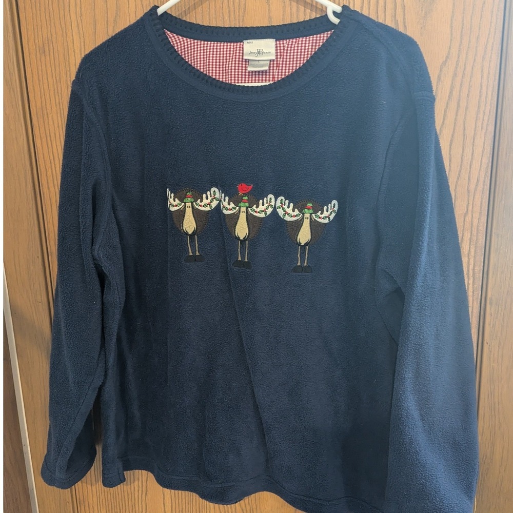 VTG Jenny Buchanan Fleece Christmas Moose Sweatshirt Top Navy Festive Cozy Large